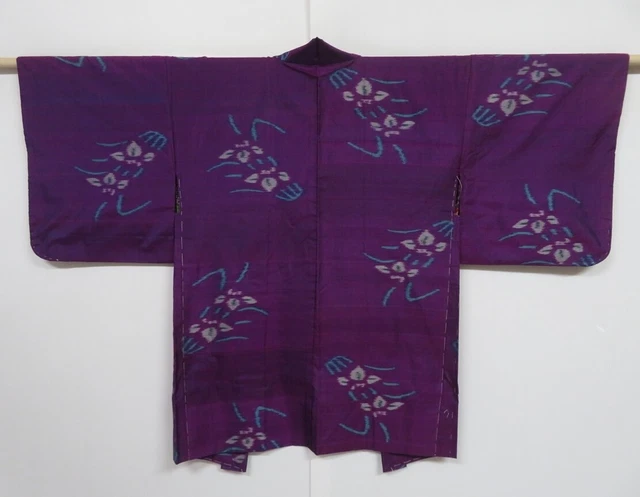 1221N09z420 Vintage Japanese Kimono Silk MEISEN HAORI Dark purple Flower 2