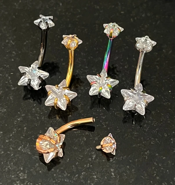 1pc Prong Set CZ Gem Double Star Internally Threaded Belly Ring Navel Naval