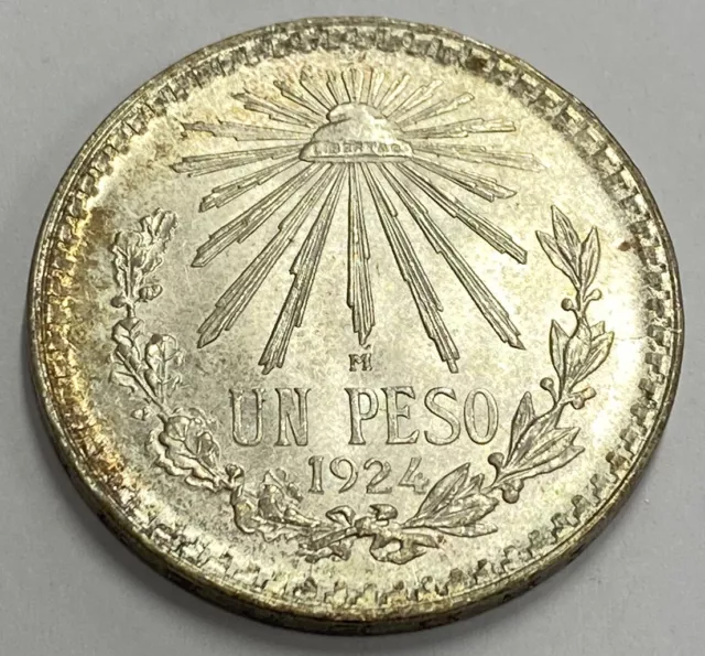 1924 UN PESO - Mexico Silver .720 Higher Grade Original Coin Unc Details
