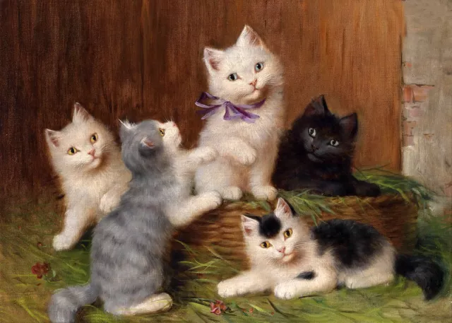 oil painting lovely and cute animals cat Five kittens playing Hand painted canva