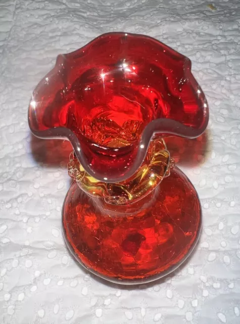 Vintage Art Glass Kanawha? Crackle  glass Orange/Red Amberina Vase Small