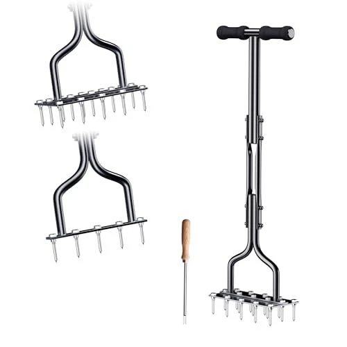 thumbnail image 2 of Bluesea Manual Lawn Aerator Tool - 16 Iron Spikes, Automatic Soil Clean, Ergonomic T-Handle (Black/Orange) 2 of 13