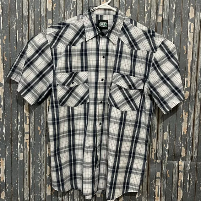 KEY Western Pearl Snap Short Sleeve Shirt White Checkered Mens Size Large