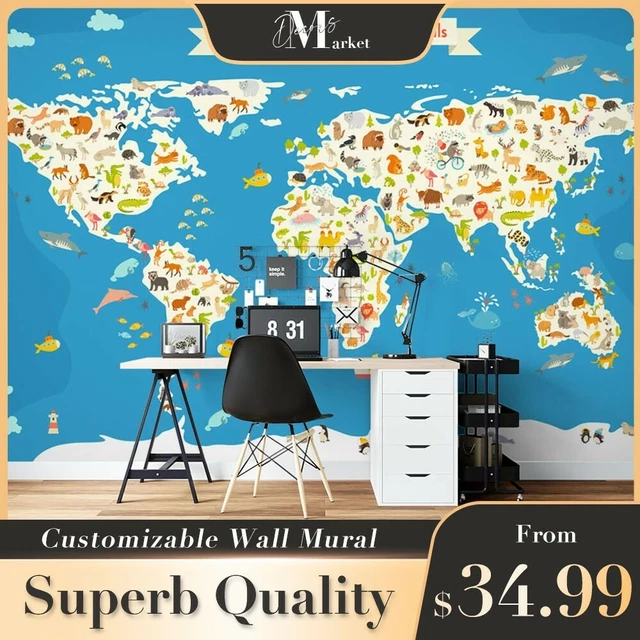 ANIMAL WORLD MAP Kids Kids Map 3D Wall Mural Australia Designer ...