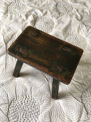 Antique 19th Century Vermont Monochrome Hardwood Footstool Original Green Paint 2