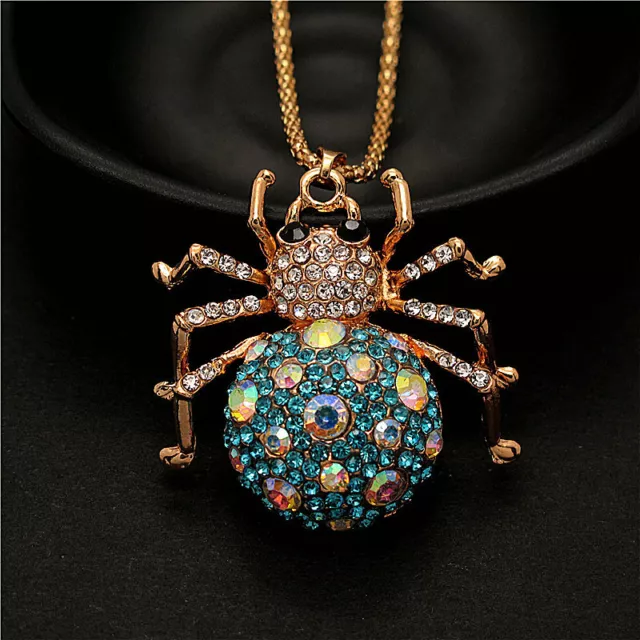 Fashion Women Lovely Shiny Blue Spider Crystal Pendant Sweater Chain Necklace