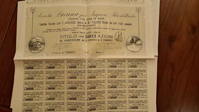 RARA ANTICA AZIONE società lucana per imprese idroelettriche 1915 Muro Lucano PZ