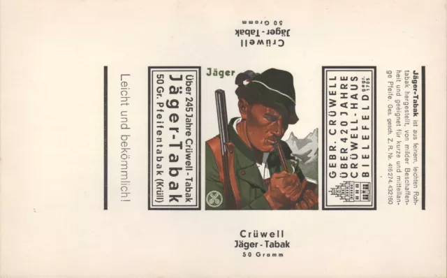 BIELEFELD, Etikett Verpackung 1936, Crüwell Rauch-Roh-Jäger-Pfeifen-Tabak-Fabrik