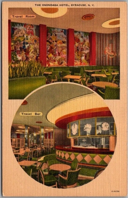 1940s SYRACUSE, New York Linen Postcard Pennant ONONDAGA HOTEL Travel Bar Views