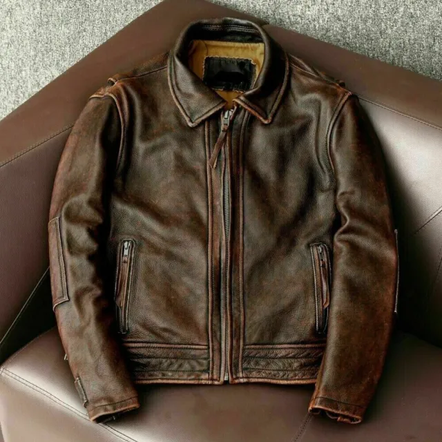 Men’s Motorcycle Retro Cafe Racer Distressed Brown Biker Real Leather Jacket