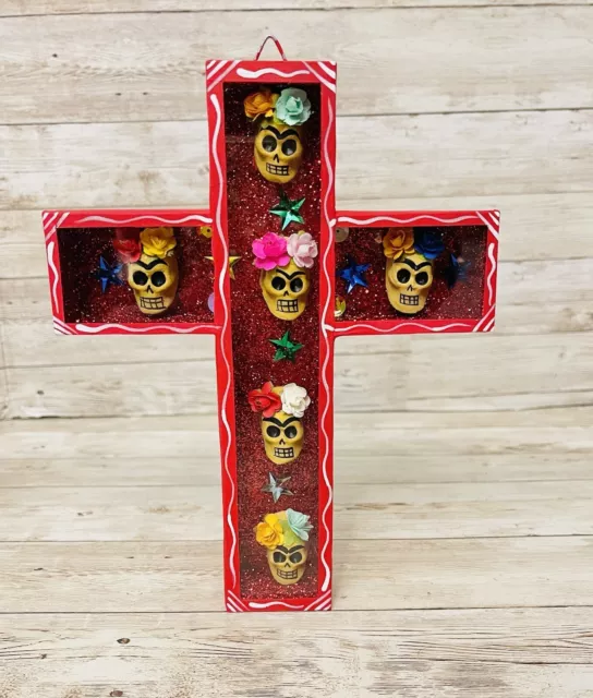 Nicho Mexicano En Cruz De Catrinas Day Of The Dead Mexican Shadow Box Cross