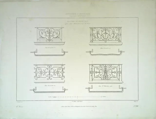 Ancienne Gravure d'Architecture - Balcons & fenêtres différentes rue de Paris