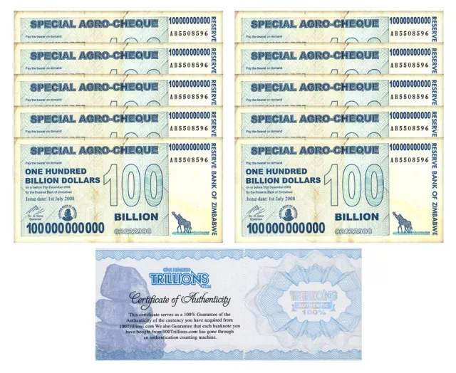 10 Zimbabwe 100 Billion Special Agro Cheque banknote 2008, P-64 USED COA!