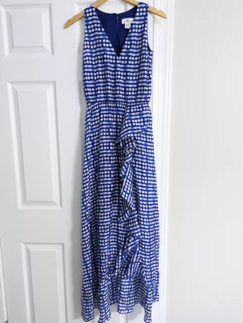 Vineyard Vines Blue And White 100% Silk Ruffled Maxi Dress Size 00