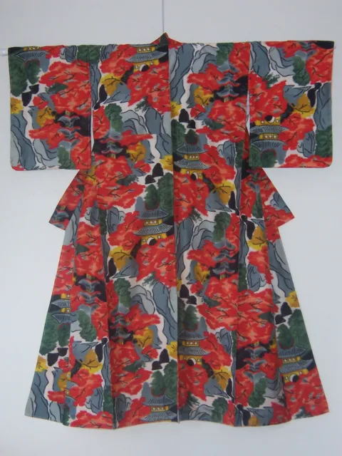 Japanese Meisen Silk Kimono, Pagoda, Temple Gate, Autumn, Vintage, 1920-1930s