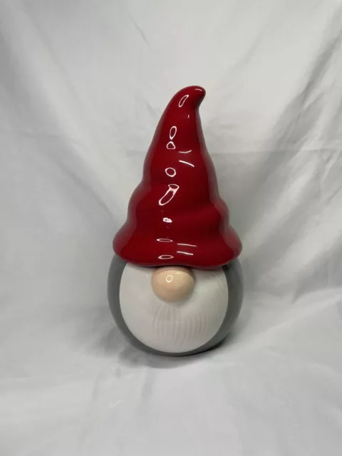 Gnome Christmas Cookie Jar Ceramic Red Hat Sleigh Bell Bistro 10.75”