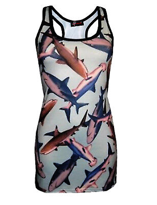 Girls/ Ladies  Sharks Sea Life Fish  Print Long Vest Top Summer Goth Punk Emo