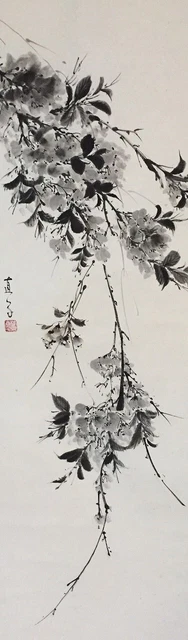 G0784 Japonés Vintage Colgante Rollo Kakejiku Mano Pintura Papel Flor Singed