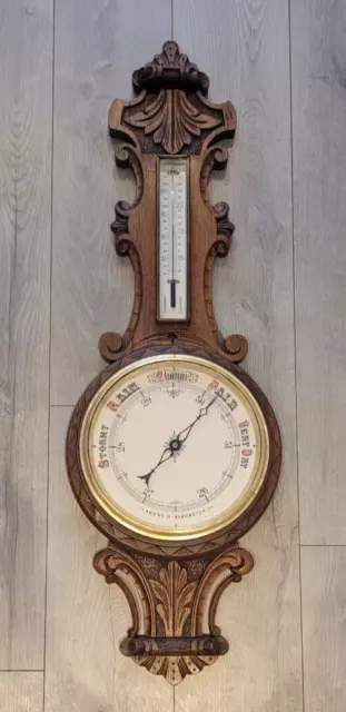 Large Antique 19th Century Victorian c1880’s Carved Oak Barometer & Thermometer