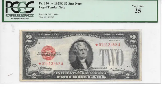 1928C* $2 Red Seal Legal Tender Note PCGS 25 Very Fine "Star Note"