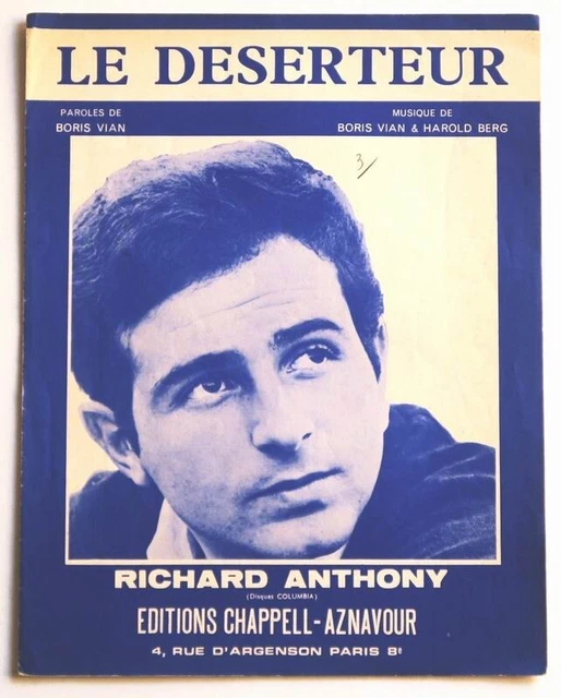 PARTITION VINTAGE SHEET music RICHARD ANTHONY Le Déserteur * 60's