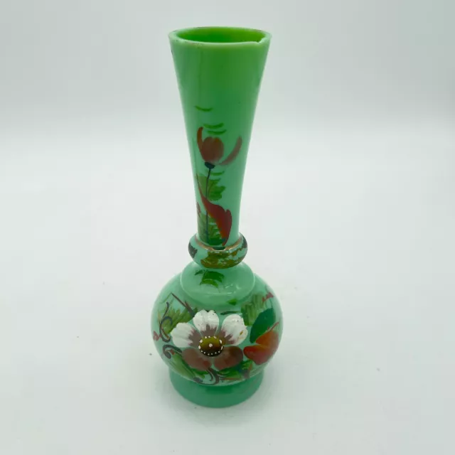 Antique Rare Victorian Czech Green Opaline Glass Vases Floral Hand Painted 8"
