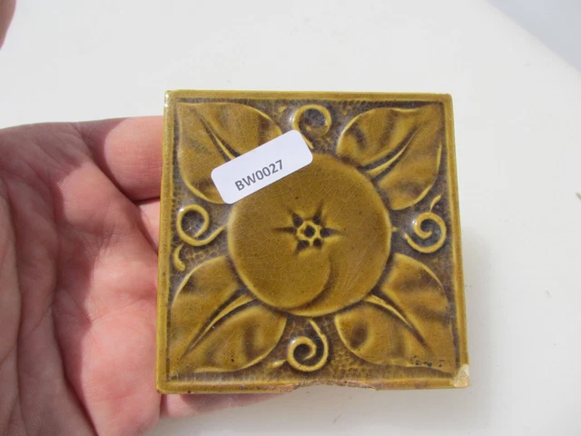 Vintage Ceramic Tile Green Tiles Antique Flower Leaf Nouveau Old 3"W