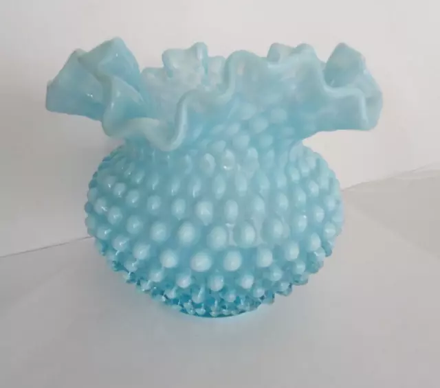 Large Fenton Hobnail Vase Blue Opalescent Ruffled Rim Glass 5 1/4"