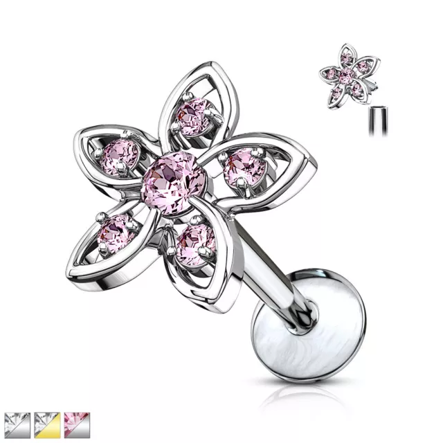 CZ Flower Internally Threaded Surgical Steel Labret Monroe Ear Cartilage Stud