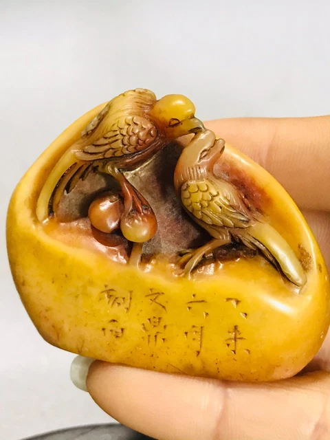 Noble natural shoushan stone handwork carved Two magpie bird statue seal stamp