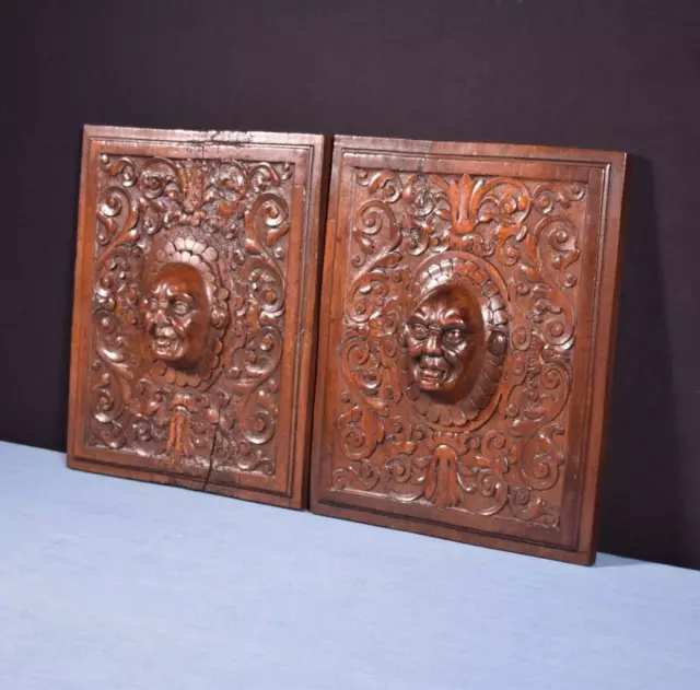 Pair of Antique French Carved Architectural Panels in Solid Walnut Wood w/Faces