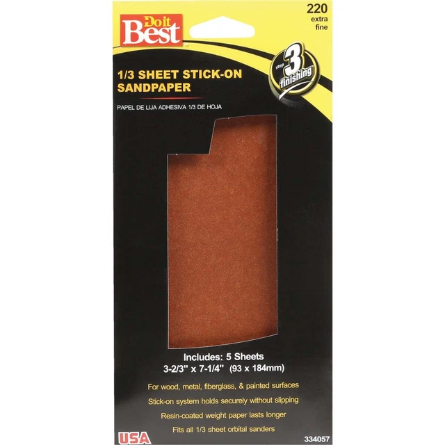 Hoja adhesiva Do it Best 220 Grit 1/3 hoja de lijado eléctrico (paquete de 5) 334057GA SIM