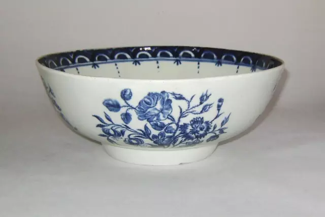 C18th Liverpool Porcelain Blue & White Bowl: Floral Prints, hand painted border
