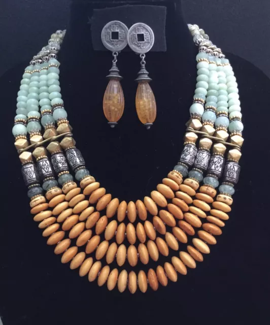 Vintage Masha Archer Necklace, Bag, Ben-Amun clip-on dangle Earrings,