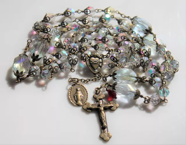 Lg Clear Ab Czech Glass Crystal Sacred Heart Antique Bronze Hm Rosary& Fr.gift