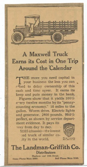 1919 Toledo News Bee Ad: Maxwell Truck - Landman-Griffith Dealer, Madison & 14th