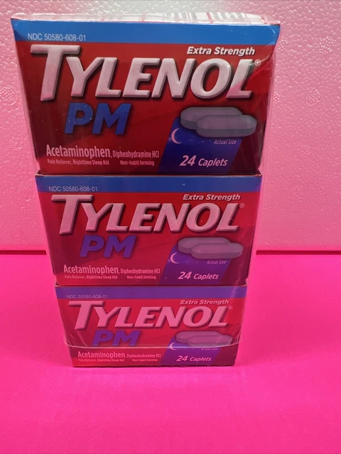 Tylenol PM Extra Strength Pain Reliever  24 CAPLETS  6 BOTTLES AMR 1236 DS 55