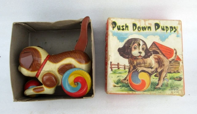 Jouet Mécanique Vintage – Chien/singe Qui Joue à La Balle, Litho, Boîte, Japon