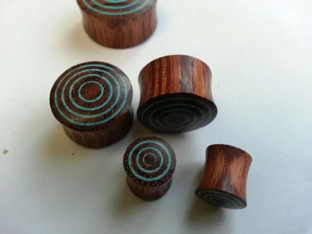 1Pair Handmade Organic Crushed Blue Turquoise Rangas Wood Saddle Ear Plugs Gauge 3