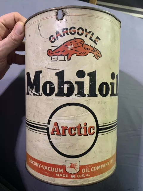 Vintage Original Early Service Mobiloil Arctic Gargoyle 5 Quart Motor Oil Can