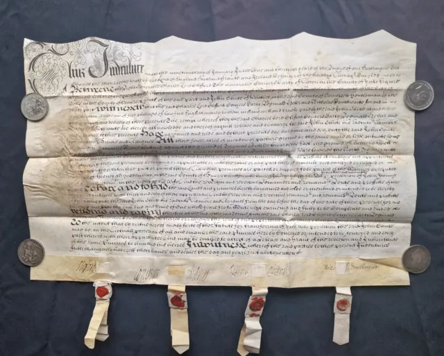 Charles II Reign Legal Indenture 1679 on Vellum, Lease of Land, Wax Seals Intact