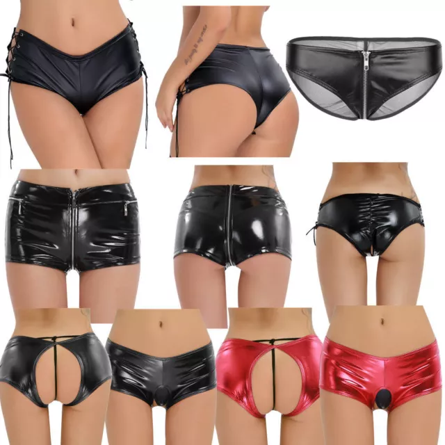 Women's Glossy Crotchless Shorts Stretchy Tights Lingeries Slim