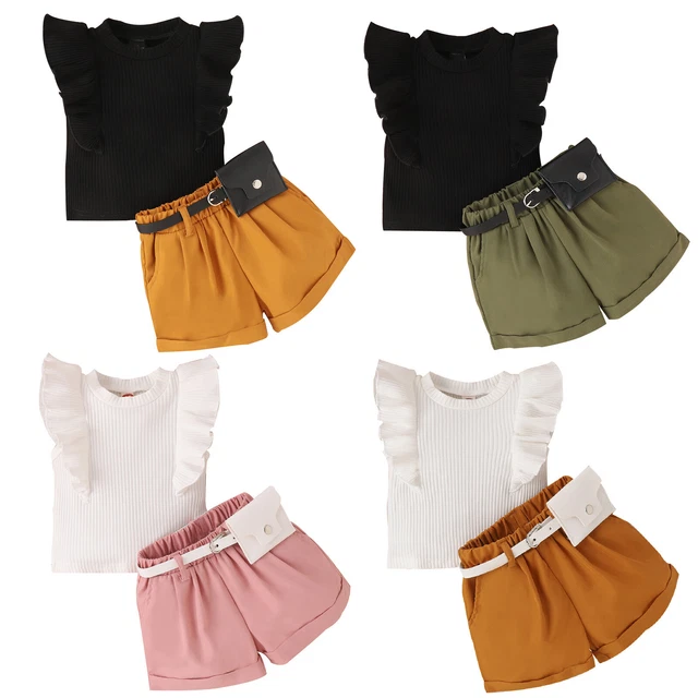 Toddler Girls Summer Outfits Vest Tops+Shorts with Belt Waist Bag Clothes Set