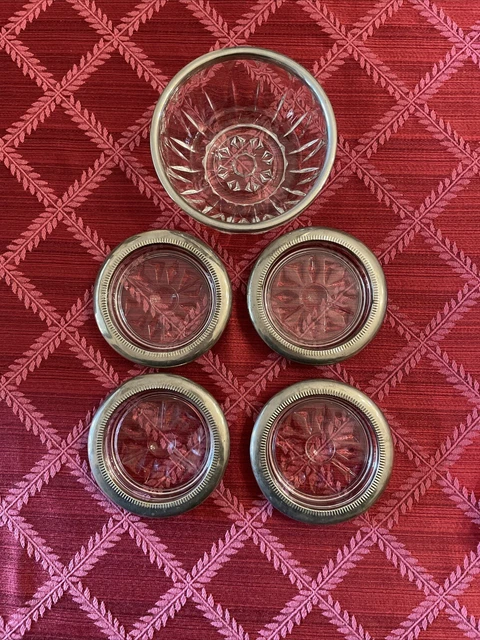 Vintage Bar Coasters - Set Of 4 Silver Plate & Crystal Coasters With Small Bowl