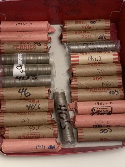 21- rolls 1940’s & 50’s Lincoln Wheat Penny 1 Cent Lot - Read