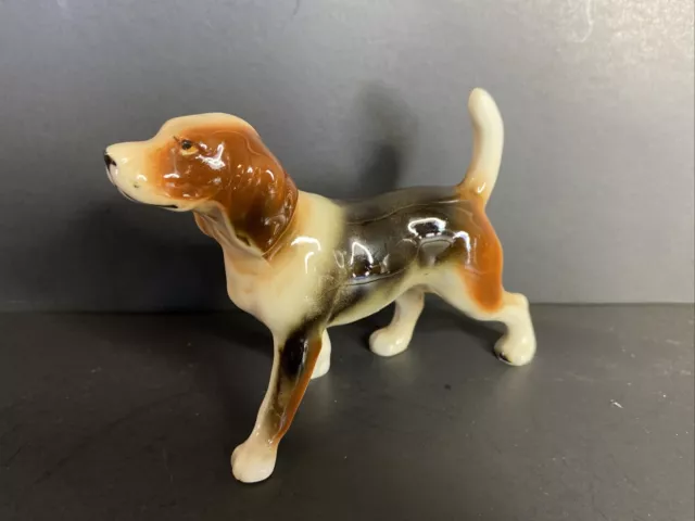 Vintage Glossy Tricolor Hunting Hound Dog Figurine Porcelain Unbranded