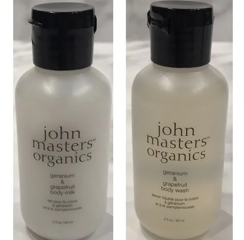 John Masters Organics geranio y pomelo lavado corporal y leche corporal, 60 ml cada uno NUEVO