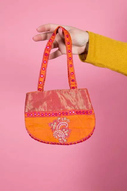 Bella borsa vintage rosa e arancione perle e specchio ricamata pura seta nuova con etichette