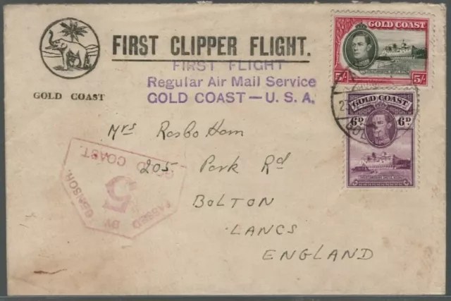 Ghana Airmail Cover Pan Am Clipper Accra Gold Coast to Bolton England 1941