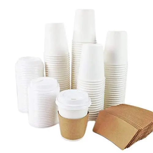 PAQUETE de tazas de café de papel blanco de 8 oz con tapas y mangas blancas (juego completo) 3